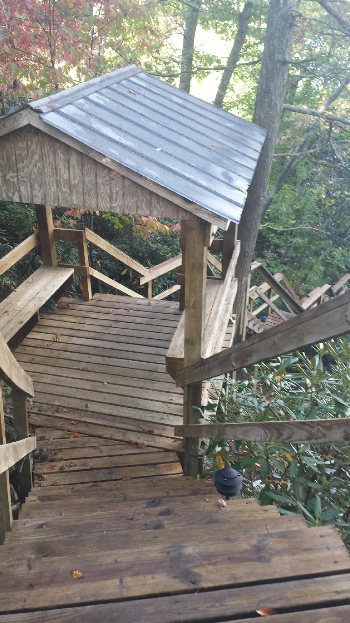 Metal roofed shelter over wooden steps on a wooded walkway — Skylight Repair & Installation work by our crew in Goose Creek